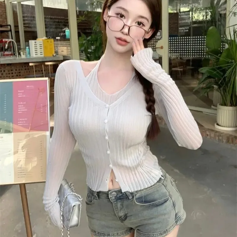 Women Sets Pure Sexy Halterneck Camis Long Sleeve Knitted Shirt Two-piece Temperament Sweet Spicy Girls Streetwear Summer Y2k