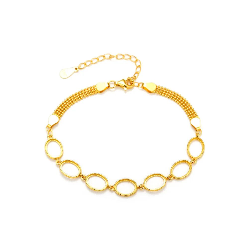 

S925 Gold Plated Egg-Shaped Adjustable Bracelet Blank Unset Open Bangle with Smooth Polished Finish DIY Jewelry Making Supply