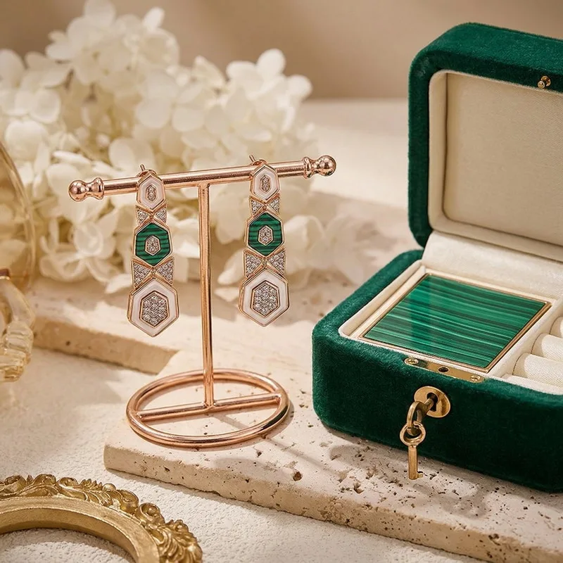 European American Style Long Earrings Women Lady Inlay Cubic Zircon Mother Of Pearl Malachite Plated Gold Color Tassels Eardrop view 2