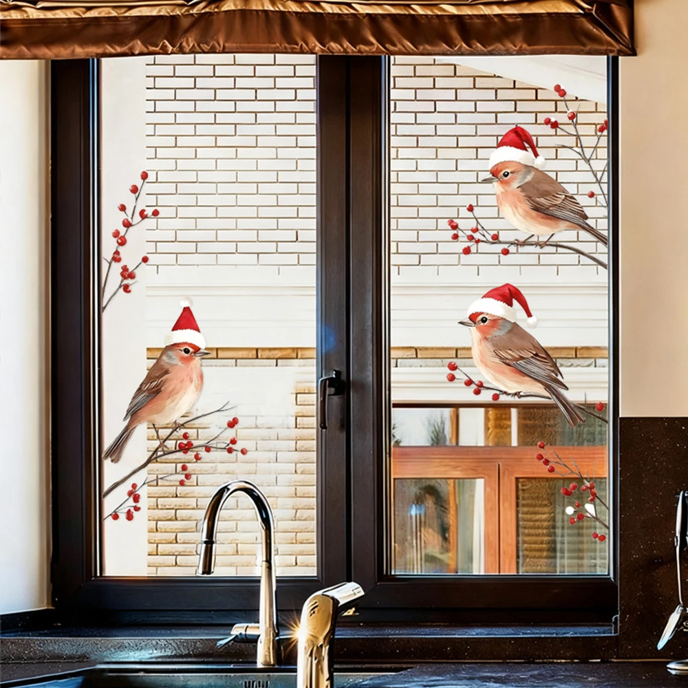 ثلاثة طيور في قبعات سانتا نافذة يتمسك عيد الميلاد موضوع ملصقات الحائط مهرجان التوت الأحمر ديكور عطلة صالح