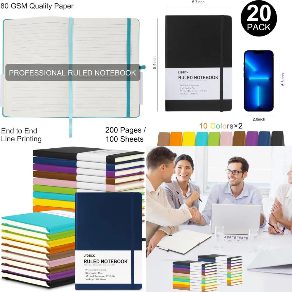 

10-Color 200-Page College Ruled Hardback Journals Set of 20 for Bulk Writing, School, and Office Use
