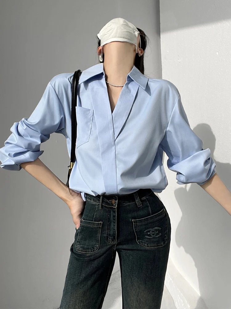 

Ele V-Ne Long Sve White irt Women's Casual Loose Slimming Spring Faion French Sle Pure Color irt