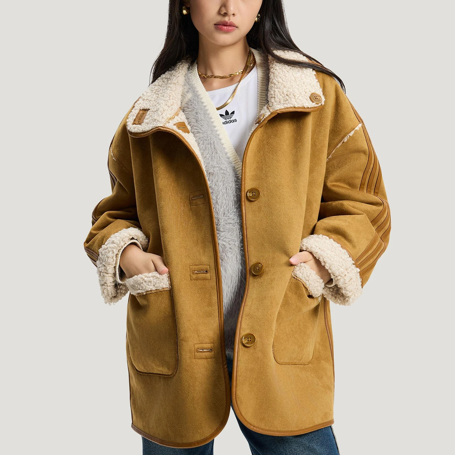 

Оригинальная женская двусторонняя куртка Adidas Originals Trefoil из искусственной овчины KT3145