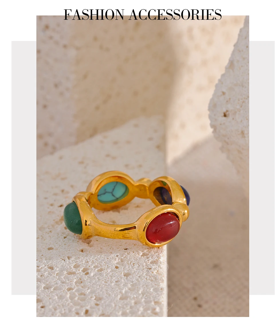 Yhpup Edelstahl Bunter Naturstein Achat Guss Vintage Charm Ring Mode 316l Schmuck für Frauen Strukturiertes Geschenk – Detail 8