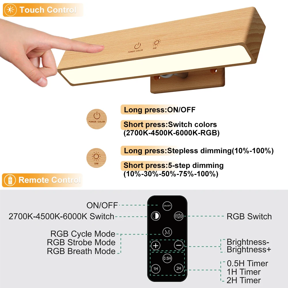 Battery Operated RGBCW Solid Natural Wood Wall Sconces Rechargeable Stick-On Touch LED Reading Light Remote Control Bedside Lamp