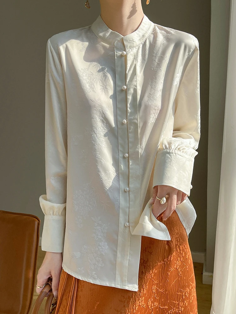 

Новая женская блузка из шелкового атласа с длинным рукавом в китайском стиле, с вышивкой цветочным узором, воротником-стойкой и пуговицами, традиционный модный топ