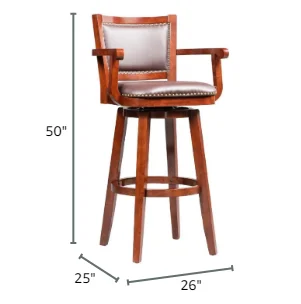 High Back Swivel Wood Bar Stool com braços, acabamento Cappuccino, bancada para cozinha, altura extra de barra alta, 34"