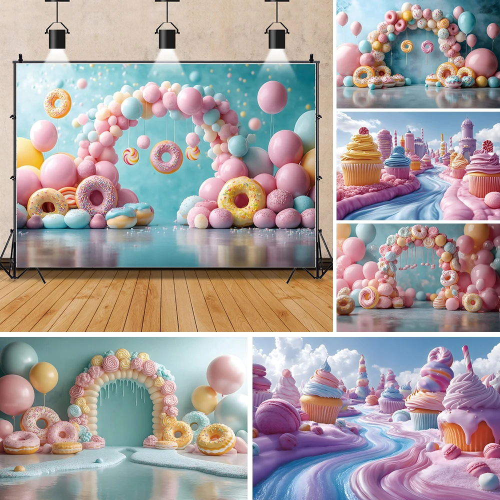 

Candy Paradise Party Photography Background Donut Arch Balloon Ice Cream Birthday Decor Poster Baby Shower Cake Crush Backdrop