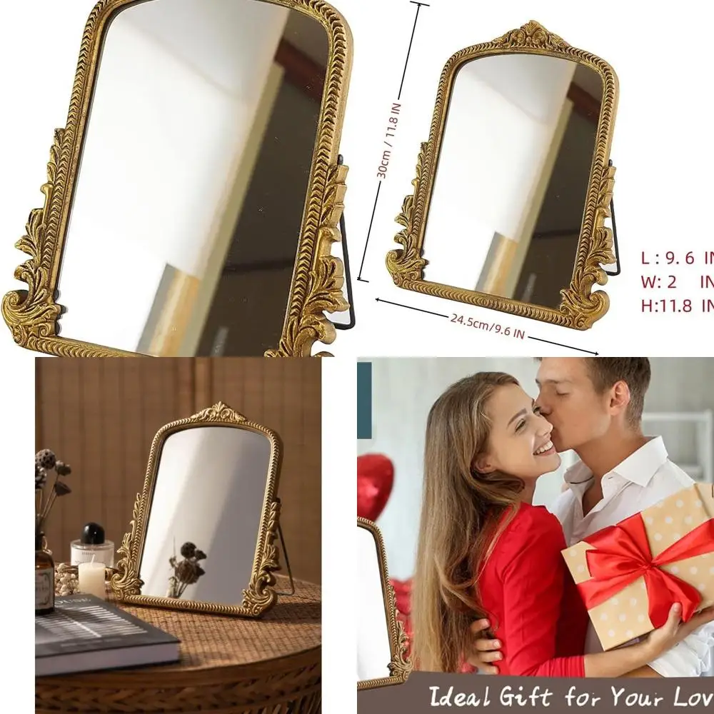 Miroir de courtoisie doré antique avec cadre en bois sculpté, 11,8x9,6 pour salon et chambre à coucher