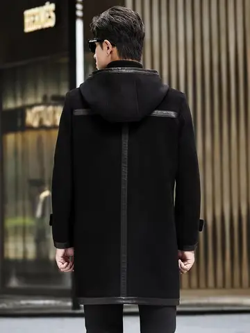 남성용 롱 리얼 울 코트, 스플라이스 양가죽 트렌치, 프레피 스타일, 가을 겨울 캐주얼 후드, 천연 양털 오버코트, 신상