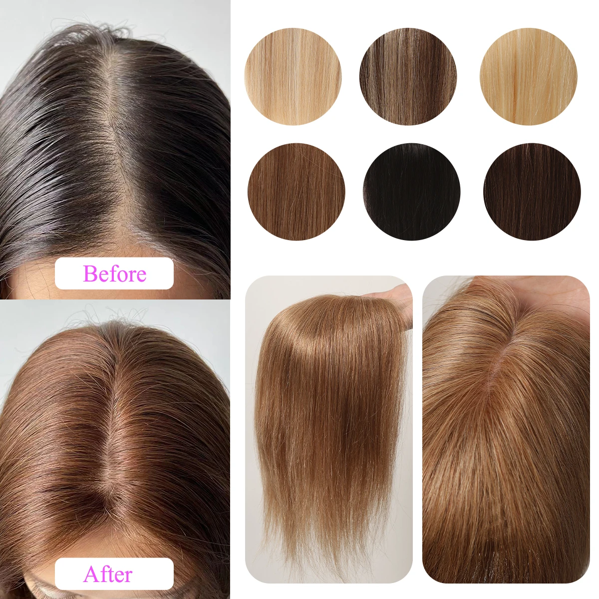 Women Hair Toppers Light Copper Brown Human Hair Toppers for Women with with Thinning Hair Loss Cover Silk Base Clip In Topper