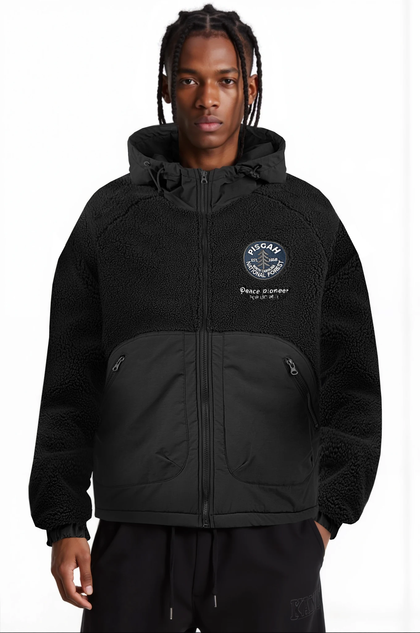 

Мужская флисовая куртка с капюшоном из ягненка и карманами на молнии, вышитым значком, регулировкой шнурков, теплая осенняя и зимняя одежда