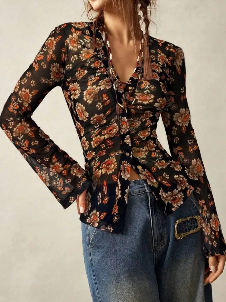 Hot Deals 2026 Korean Elegant V Neck Ruched Button Shirts Women's Y2k Floral Print Long Sleeve Blouse Vintage Slim Fit Top