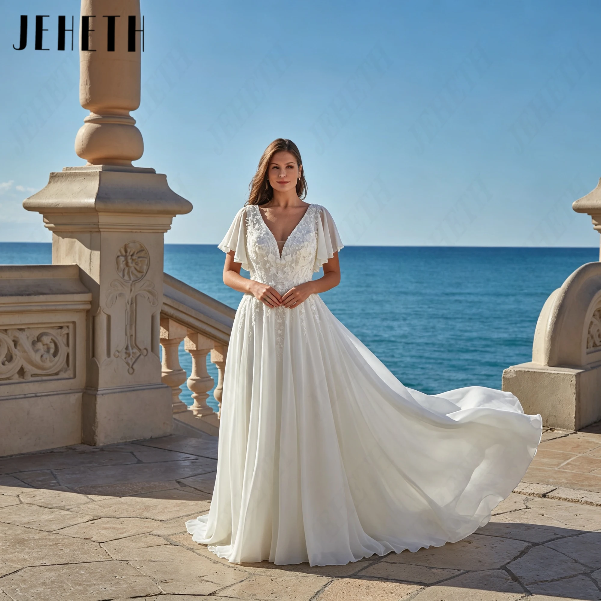 JEHETH Short Sleeves Lace Appliques V Neckline Wedding Dresses Backless Personalized Bridal Gown Sweep Train Plus Size Bride