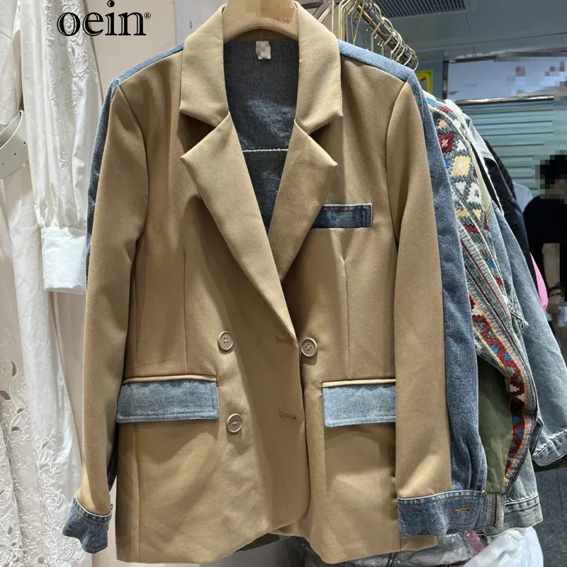 [oein] Casual Denim Patchwork Jacket In Autumn 2023, Popular Small Suit Design, Niche Top Trend