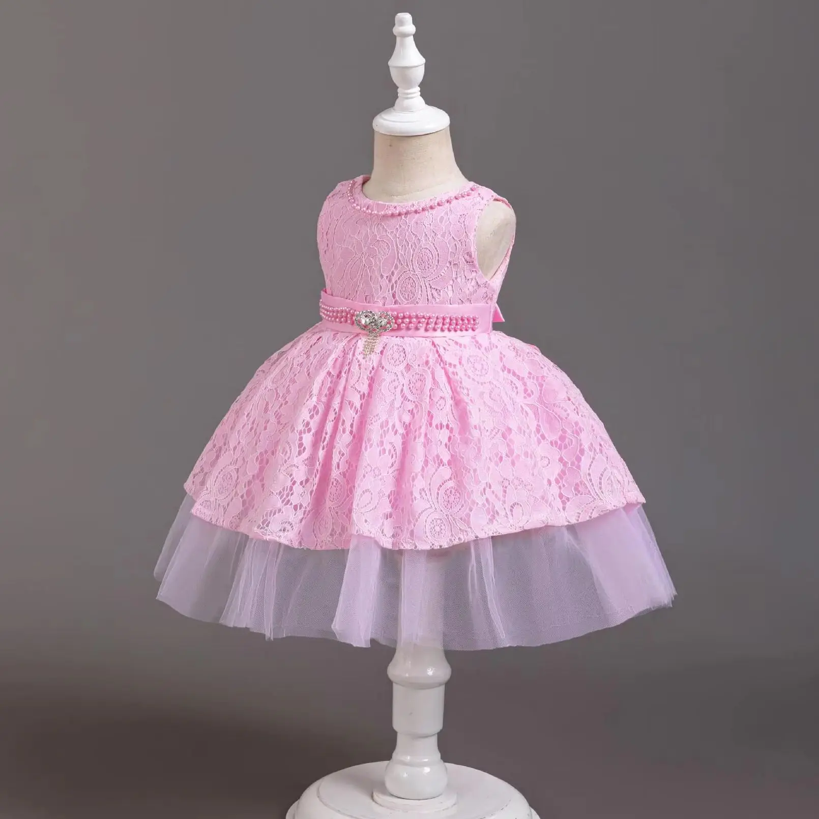 Girl\'s Dress Lace Sleeveless Applique Princess Dress Wedding Flower Girl One Year Host Performance Dress for 0-3 Years