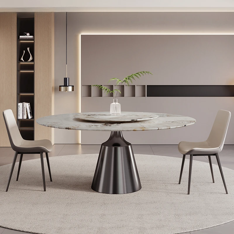 

Rock slab dining table with turntable Italian light luxury home restaurant round dining table and chair combination