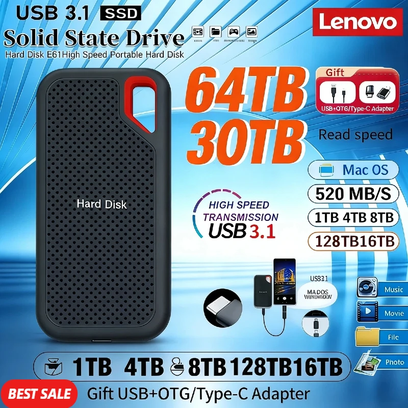 

Портативный SSD-накопитель Lenovo 2 ТБ/4 ТБ, внешний жесткий диск USB 3.1 Type-C, высокоскоростной твердотельный накопитель 30 ТБ для ноутбуков/MAC/телефонов