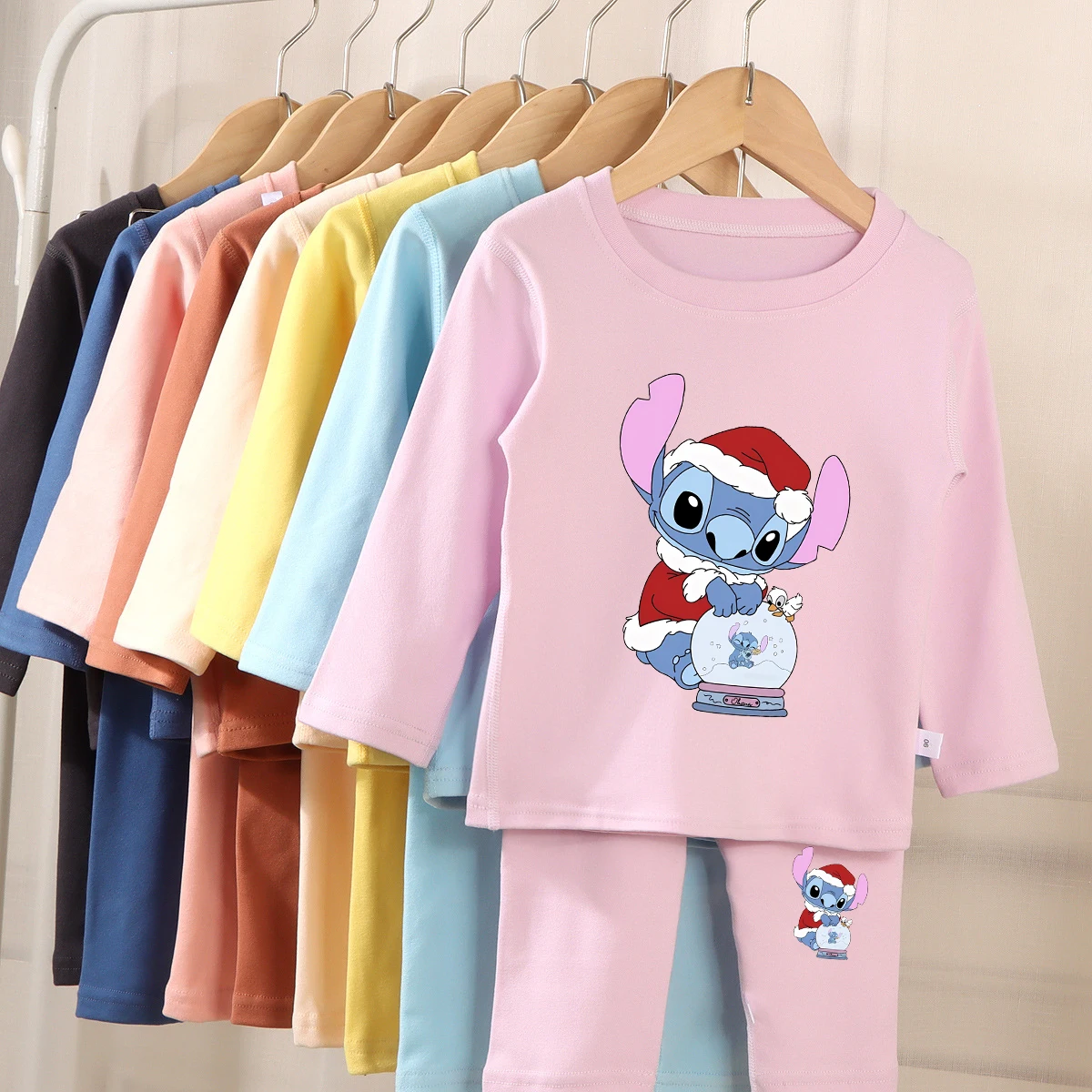 Disney Stitch Long Sleeve Pajama Set Cute Cartoon Christmas Party Decoration Winter Warm Casual Homewear Loose Two-piece Suit