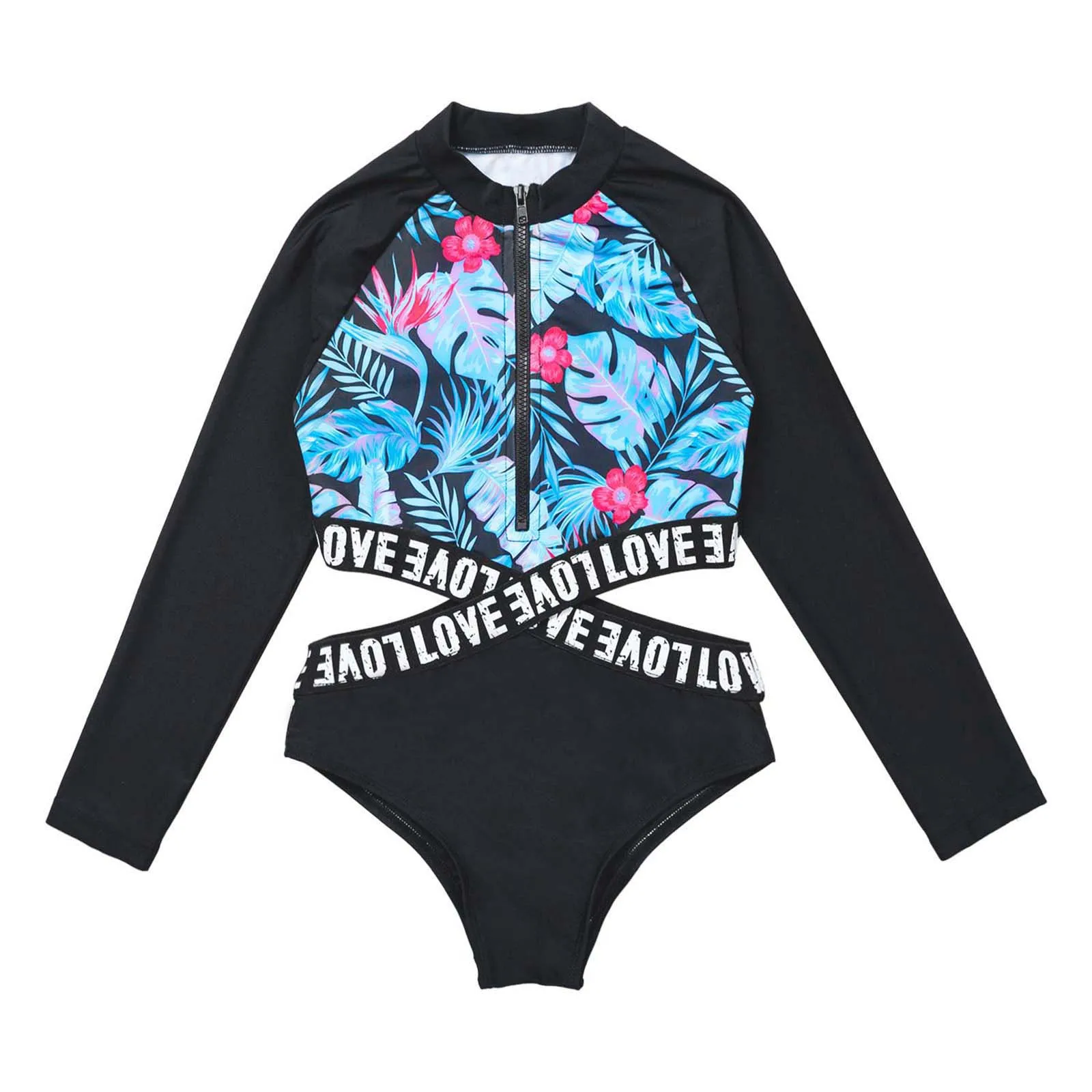 Girls Beach Rash Guard Surfing Swimsuit Long Sleeve Print Zipper Hollow Out Bodysuit Swimwear Bathing Suit Wetsuit Beachwear