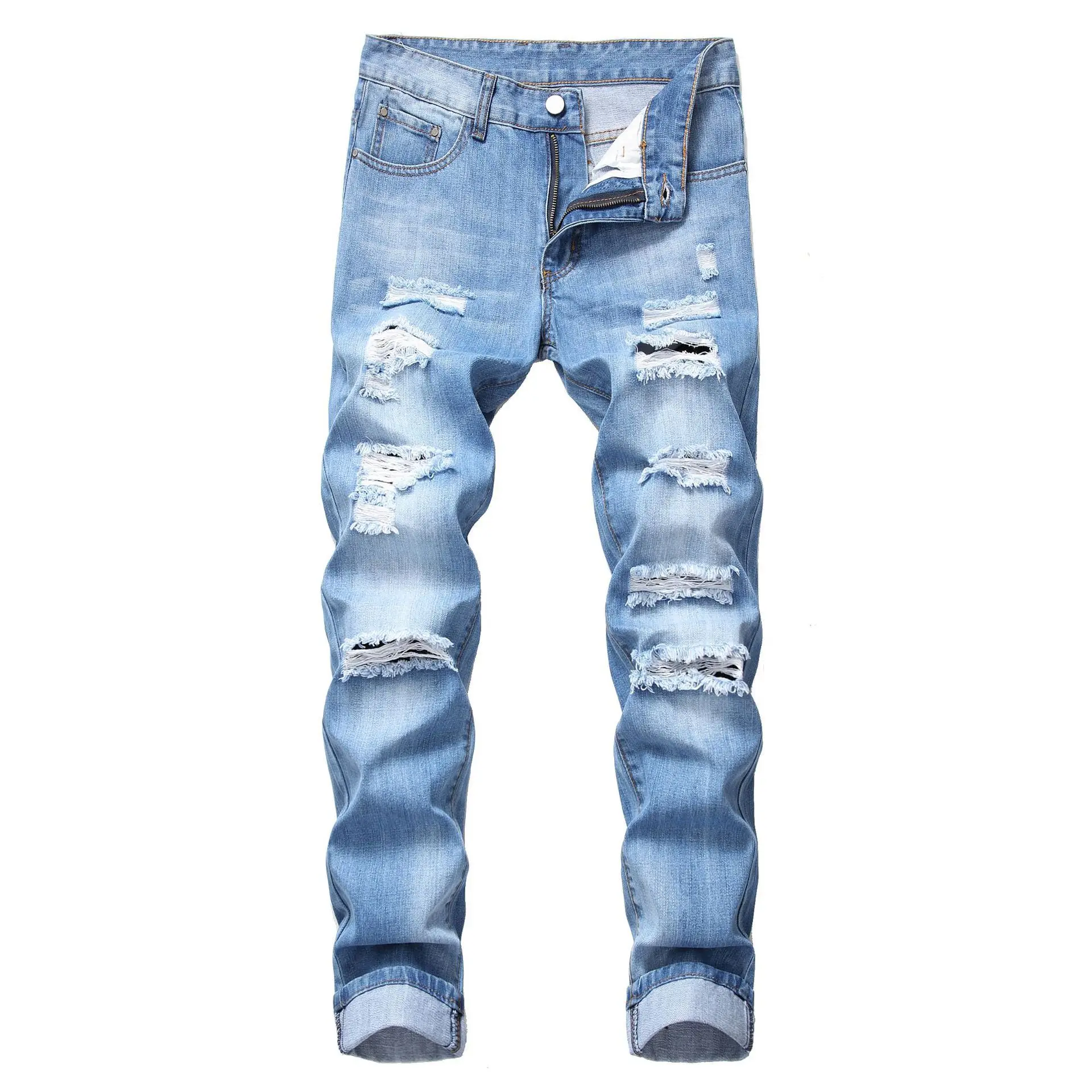 

Mens Ripped Jeans Straight Slim Elasticless Tattered Trousers Autumn Streetwear Fashion Male Large Size Denim Pants