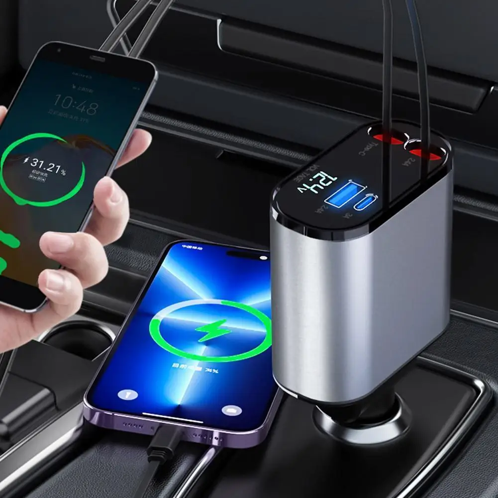 

4 IN 1 Retractable Car Charger USB Type C Cable For IPhone Xiaomi Huawei Samsung Fast Charge Cord Cigarette Lighter Adapter