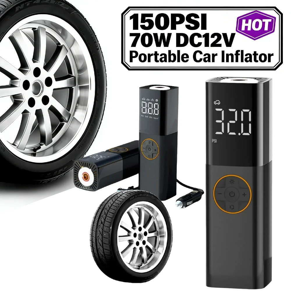 

Автомобильный электрический насос для подкачки шин 150PSI с цифровым дисплеем, портативный, 4 единицы измерения давления, 3 режима LED-подсветки, точность ±0.5PSI для автомобилей