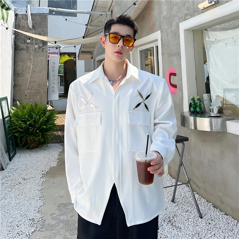 Men's Trendy Korean Loose Shirts Autumn Fashionable Double Pockets Clothes Man Personality Metal Decoration Dress Long Sleeved