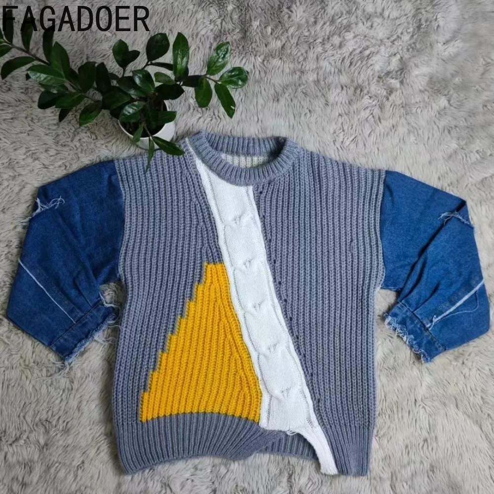 FAGADOER autunno nuova moda maglione lavorato a maglia cuciture Denim Pullover donna girocollo manica lunga top larghi Streetwear femminile