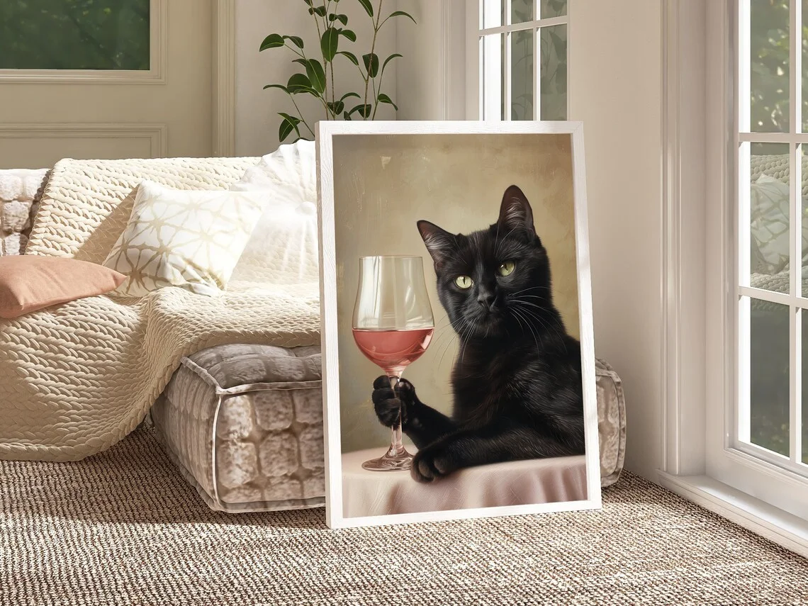 Black Cat with Glass of Wine Pink Print Animal Preppy Poster Painting Modern Boho Wall Art Girly Dorm Tween Teen Room Decor Fram view 6