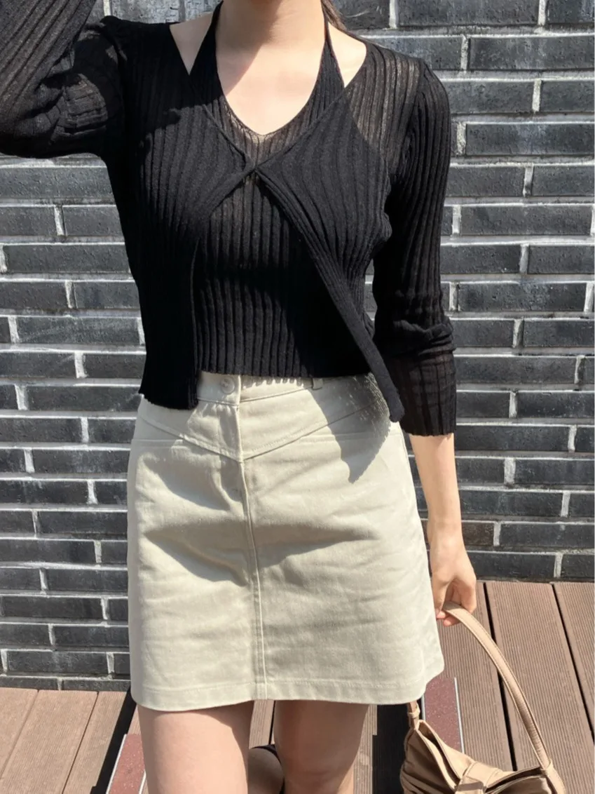 Chic Vintage otoño tejido V-Ne colgante Ne chaleco falso conjunto de dos piezas Mujer Faion Commute Online exclusivo Regular Thic...