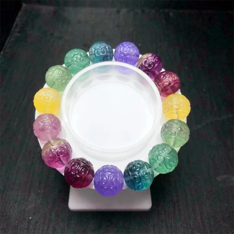 

14MM Natural Fluorite Mosaic Bead Bracelet Gemstone Crystal Jewelry Bangle Women Christmas Gift 1pcs