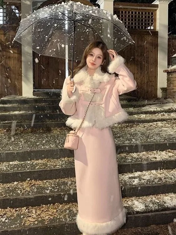 

Miu Series Women's Autumn Winter Coat And Skirt Set Plu Outerwear High Waist Midi Skirt Faionable Ensemble