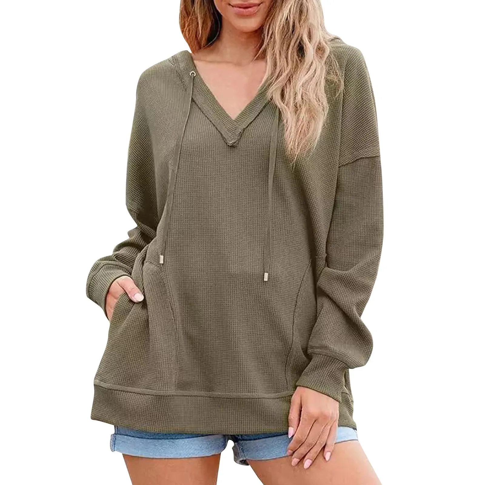 Ladies' Basic Lazy Style Loose Versatile Daily Hoodied Top Solid Color Fashion Streetwear V-neck Sweatshirt With Pockets