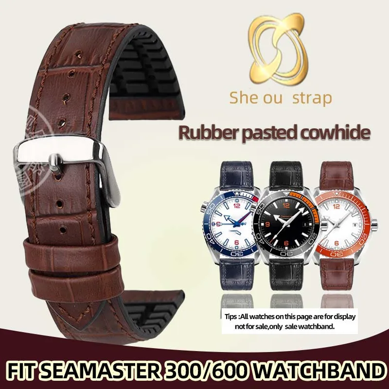 20MM 21MM 22MM Waterproof And Sweat Resistant  Cowhide With Rubber Watch Strap For OMEGA SEAMASTER 300/600 Orange Watch Band