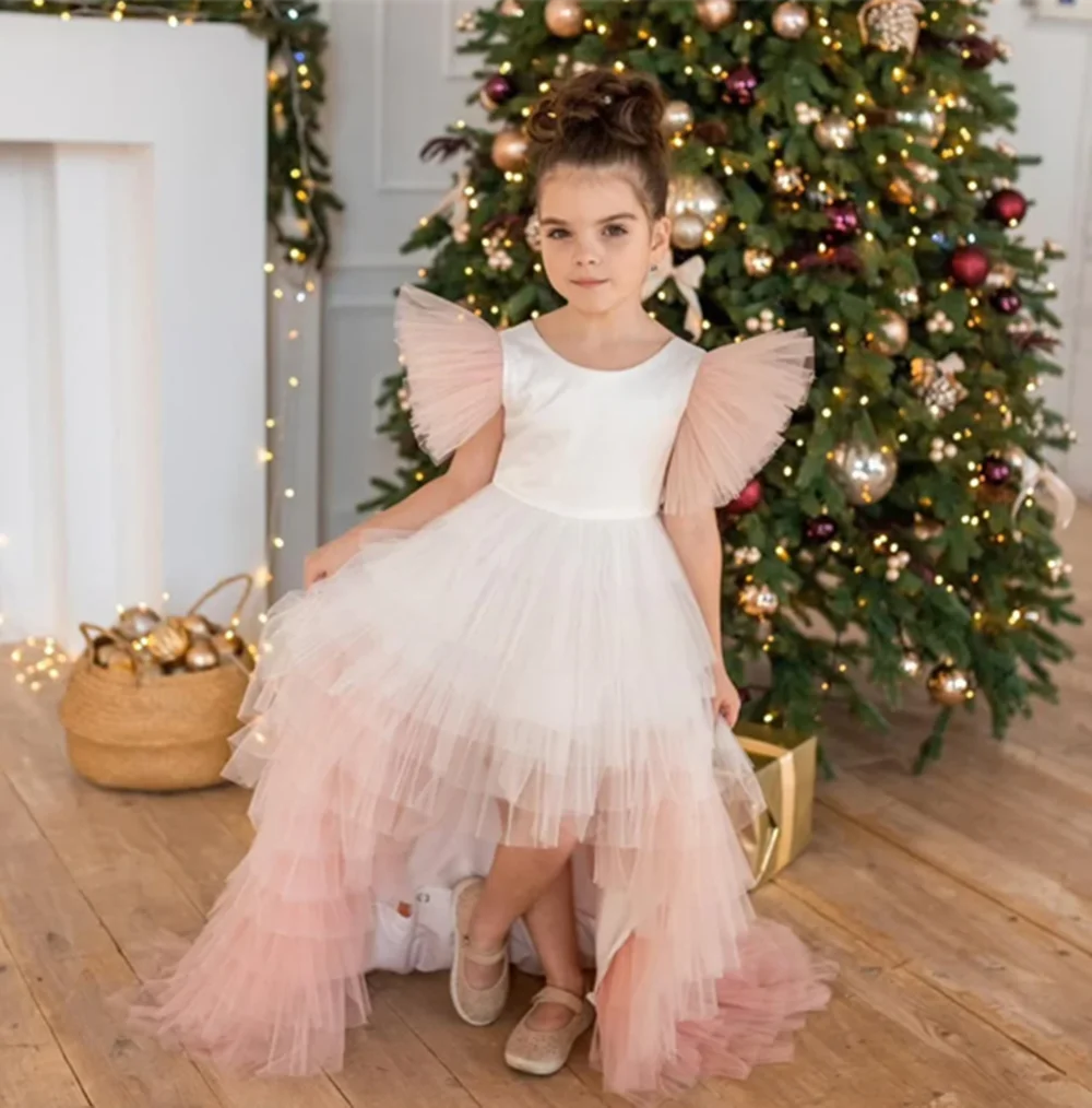 Simple Classic O Neck Pleat Short Sleeve A Line Formal Flower Girl Dress Knee Length Sweep Train First Communion Gown Customized