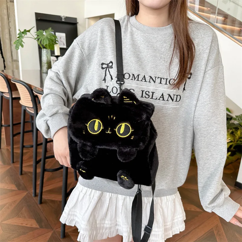 Bolso de hombro de felpa de dibujos animados para estudiantes, mochila versátil de gran capacidad con diseño de pingüino y gato negro pequeño, novedad de 2024