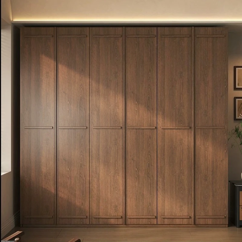 Walnut Color Solid Wood Wardrobe, Full-Height OSB Closet with Skeleton Line Design for Bedroom & Mid-Century Home Storage