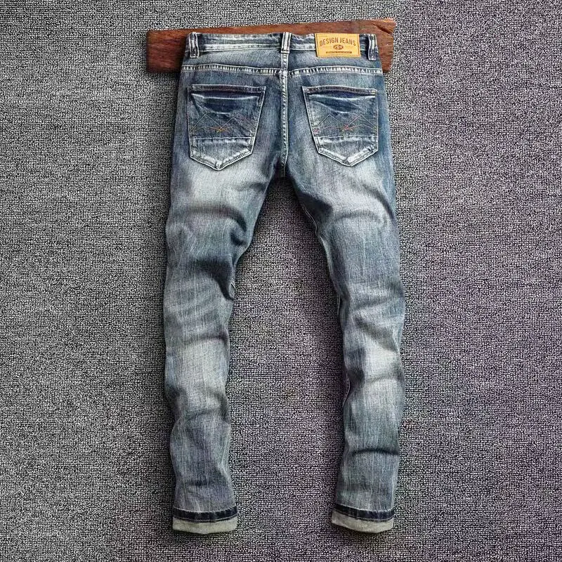 Newly Fashion Vintage Men Jeans High Quality Retro Blue Stretch Slim Fit Ripped Jeans Men Classical Designer Denim Pants Hombre