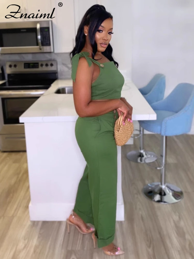 Znaiml-Top corto ajustado con tirantes anchos fruncidos y hombros descubiertos para mujer, pantalón de pierna ancha, ropa de calle de verano, conjuntos a juego, color verde, 2 piezas