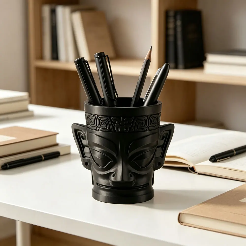 Mysterious Ancient Civilization Pen Stand Sanxingdui Bronze Mask Pen Holder 3D Printed Creative Desk Organizer