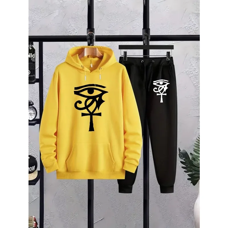 Męski zestaw: modna bluza z kapturem i spodnie z nadrukiem 3D, odpowiedni do noszenia na co dzień i do uprawiania sportu jesienią i zimą.