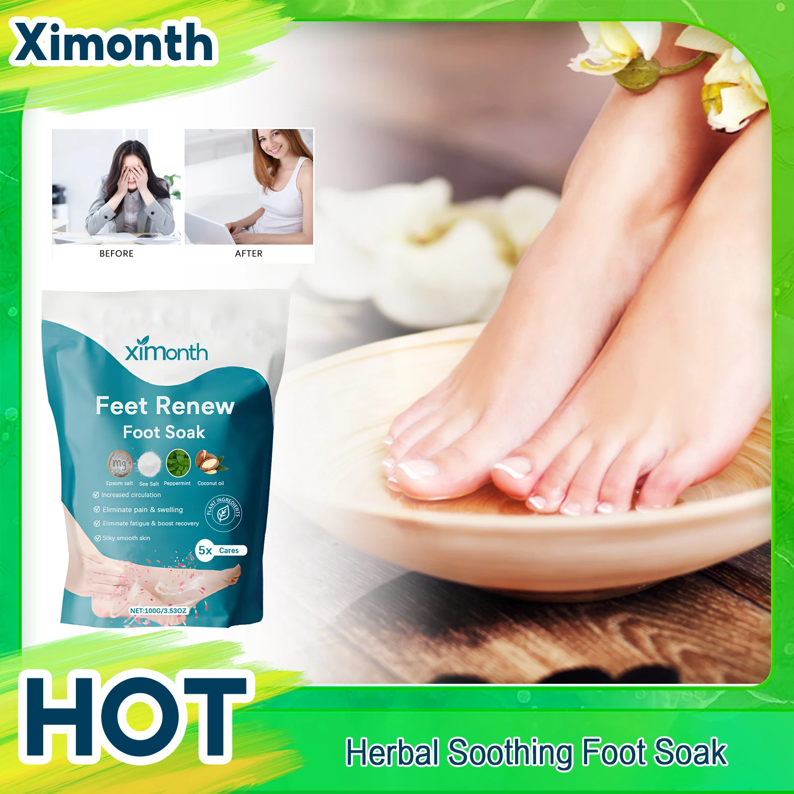 Body Detox Foot Bath Salt Herbal Lymphatic Drainage Improve Sleep Stress Relieve Leg Fatigue Swelling Exfoliation Foot Care Soak