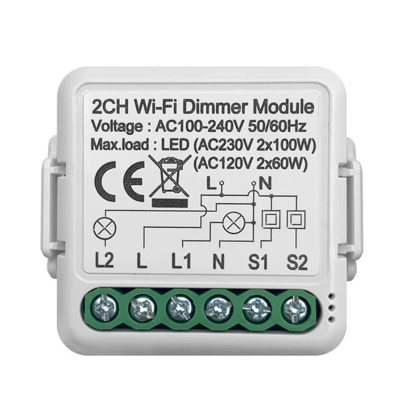 CS-Tuya Wifi Smart Dimmer Switch Module 10A Support 2 Way Control 2 Gang Compatible For Google Home Alexa Smart Life App Durable