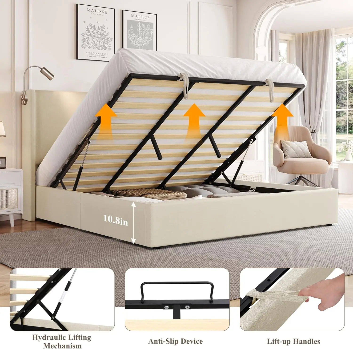 إطار سرير للتخزين مع محطة شحن، سرير بمنصة منجدة حديثة مع ضوء قراءة ولوح رأسي قابل للتعديل