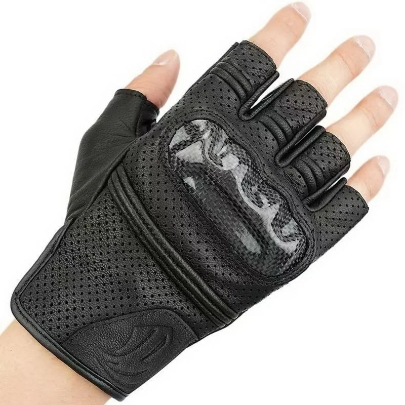 

Men's Summer Breathable Half Finger Retro Motorcycle Gloves Sheepskin Leather Motorbike Glove Rider Equipment Carbon Fiber Shell