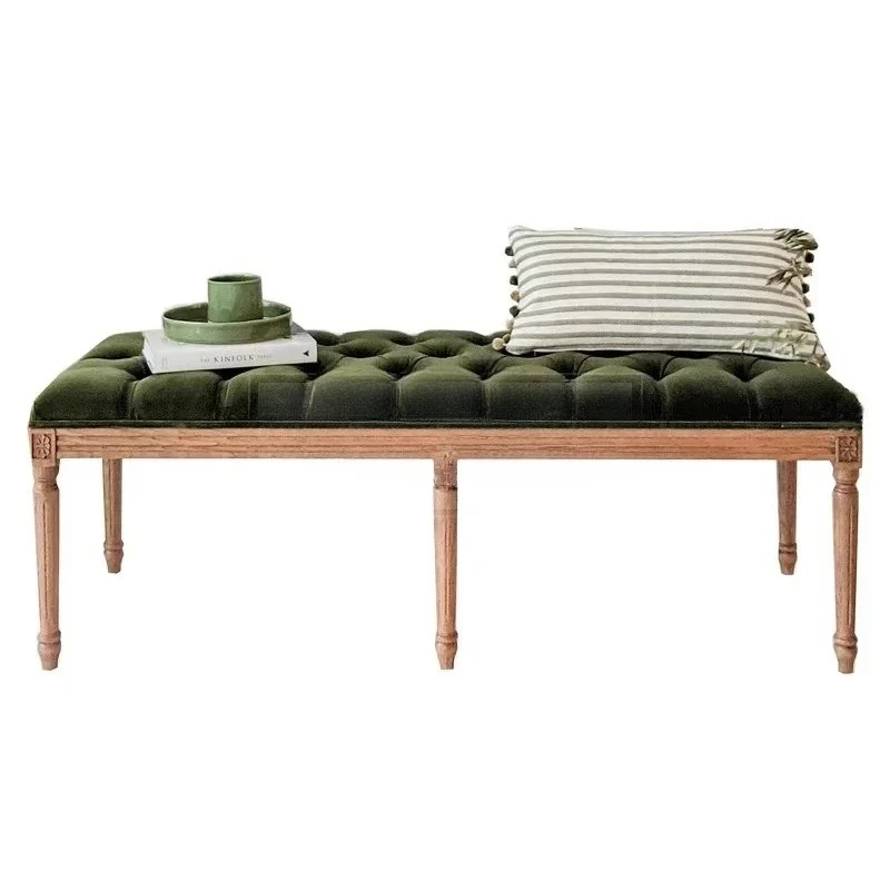 

American style, solid wood end stool, bedroom olive green velvet front stool, French retro, shoe changing stool