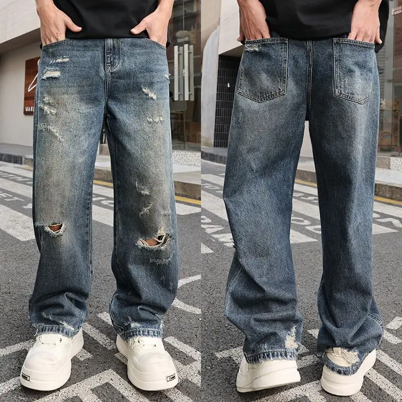 

Distressed Holes Medium Blue Torn Jeans Baggy Fitting Straight Leg Classic Trousers