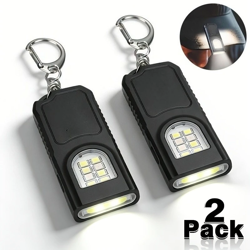 2pcs Mini LED Keychain Flashlights Multifunctional USB Rechargeable Handheld Flash Light Clip Design Outdoor Lamp  Key Chains