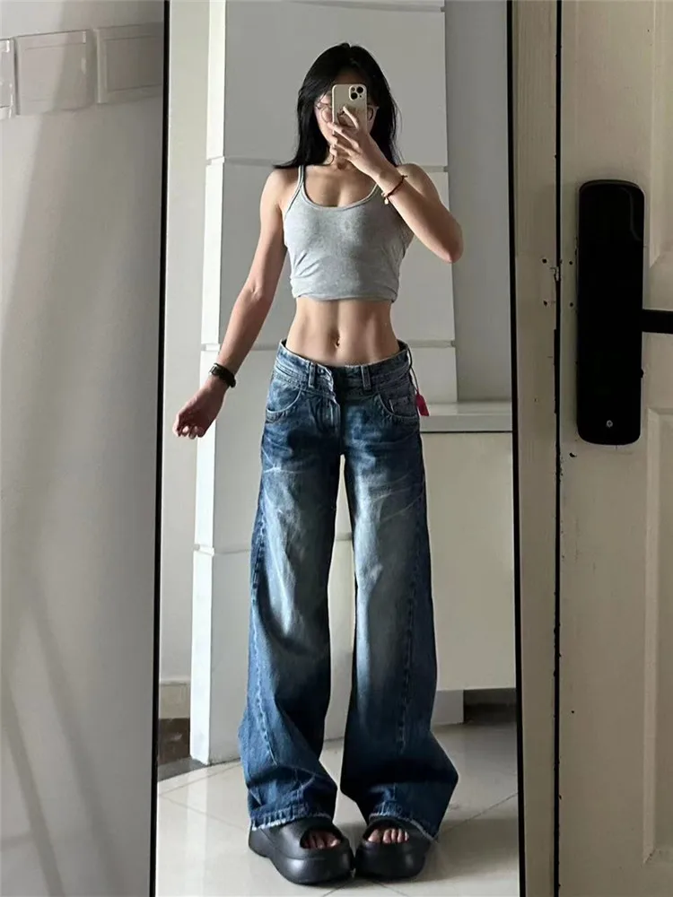 

American Retro Blue Low Waist Straight Leg Jeans Women's Spring Autumn Washed Extended Loose Slim Wide Leg Pants
